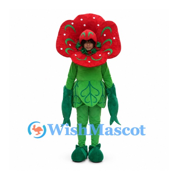 Flower Mascot Costume with Red Round Petals and Green Leaves