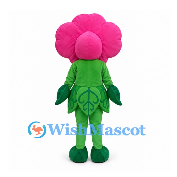 Flower Mascot Costume with Pink Round Petals and Green Leaves