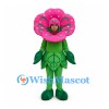 Flower Mascot Costume with Pink Round Petals and Green Leaves