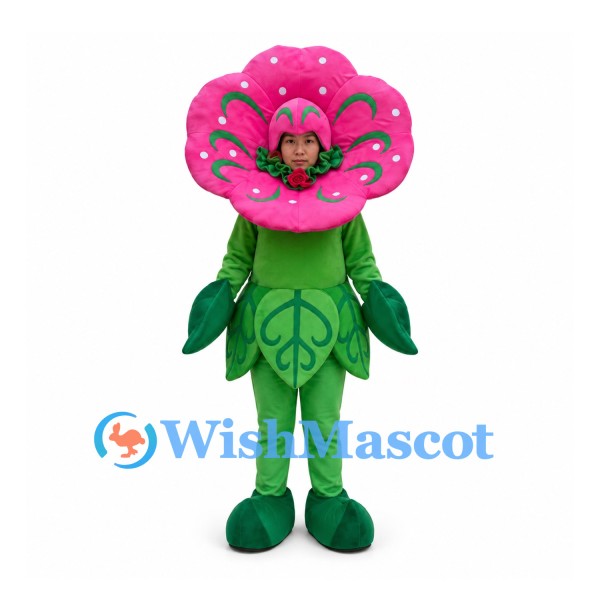Flower Mascot Costume with Pink Round Petals and Green Leaves