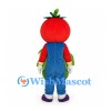 Tomato Mascot Costume with Blue Overalls and Green Belly