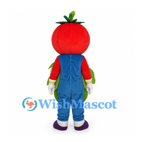 Tomato Mascot Costume with Blue Overalls and Green Belly