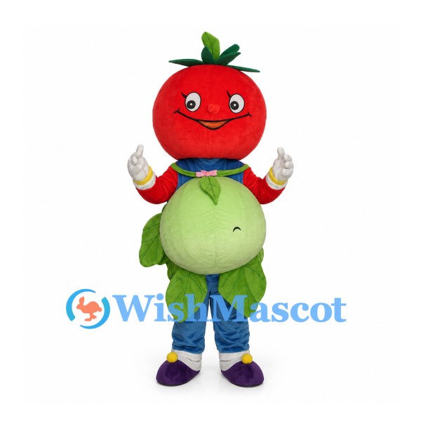 Tomato Mascot Costume with Blue Overalls and Green Belly