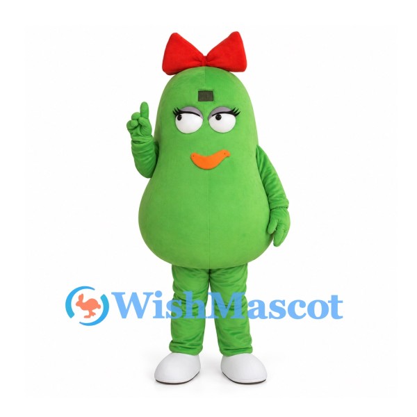 Green Cucumber Mascot Costume with Red Hair Bow