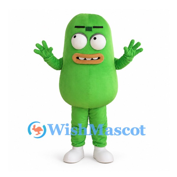 Green Cucumber Mascot Costume with Raised Hands