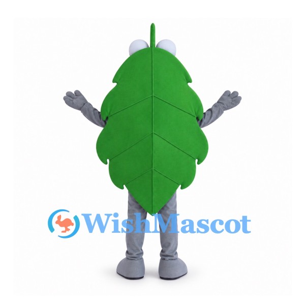 Green Leaf Mascot Costume with Large Eyes and Gray Limbs
