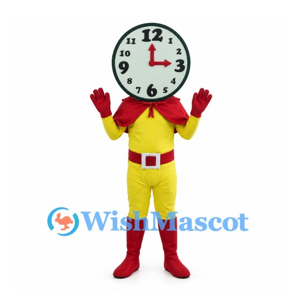 Clock Mascot Costume with Yellow Suit and Red Cape