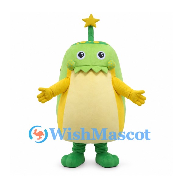 Green Monster Mascot Costume with Yellow Spots and Star Antenna