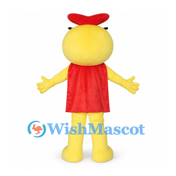 Yellow Superhero Mascot Costume with Red Cape and Headpiece