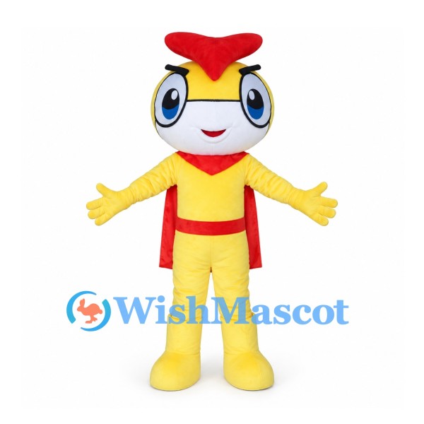 Yellow Superhero Mascot Costume with Red Cape and Headpiece