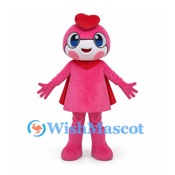 Pink Superhero Mascot Costume with Red Cape and Heart Headpiece