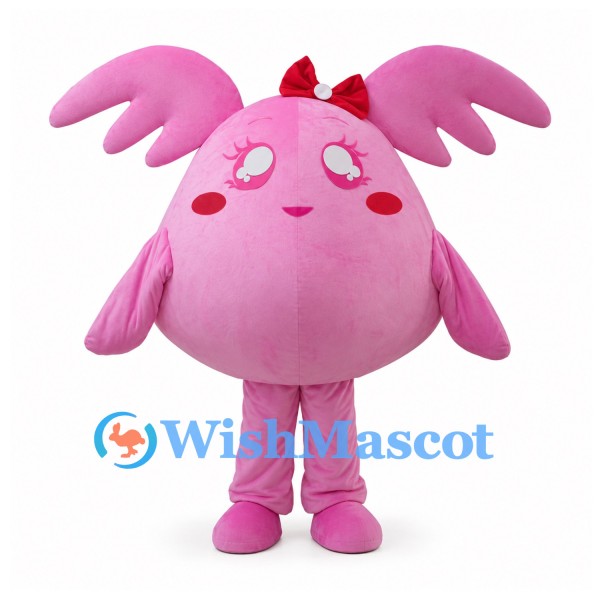 Pink Monster Mascot Costume with Wing-Shaped Ears and Red Bow