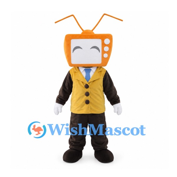 Television Mascot Costume with Orange Screen Head and Yellow Vest