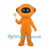 Orange Robot Mascot Costume with Black Digital Face and Star Wand