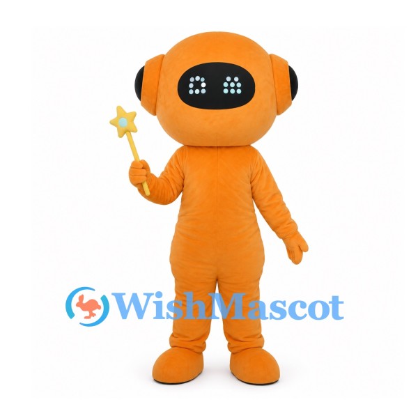 Orange Robot Mascot Costume with Black Digital Face and Star Wand