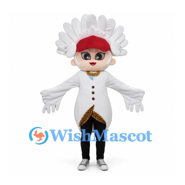 White Bird Mascot Costume with Red Cap and Gold-Trimmed Coat