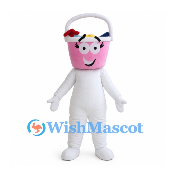 Pink Bucket Mascot Costume with White Handle and Red Bow