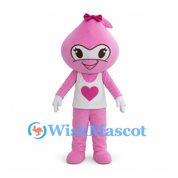 Pink Water Drop Mascot Costume with Heart Shirt and Hair Bow