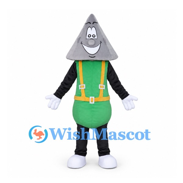 Trowel Mascot Costume with Gray Triangle Head and Green Overalls