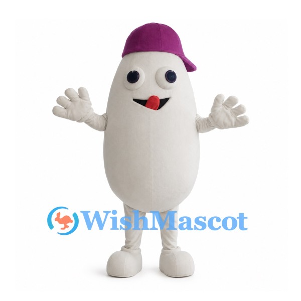 White Bean Mascot Costume with Purple Cap