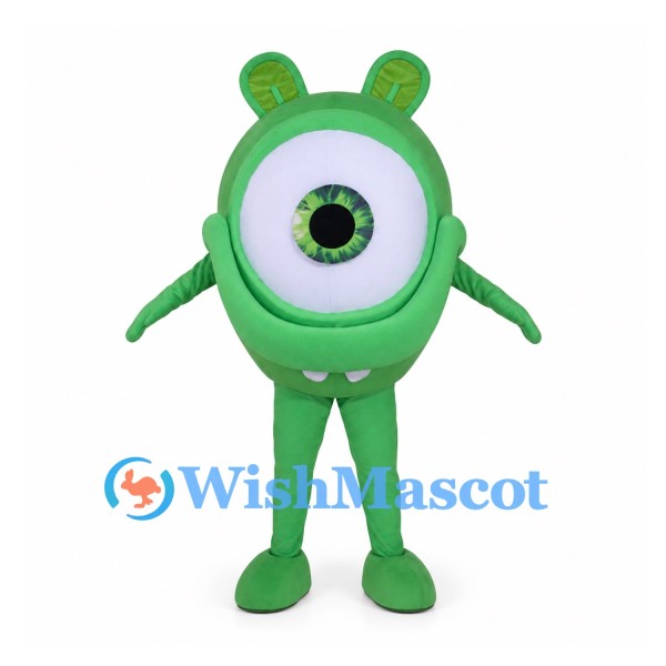 Green Cyclops Mascot Costume with Round Body and Small Ears