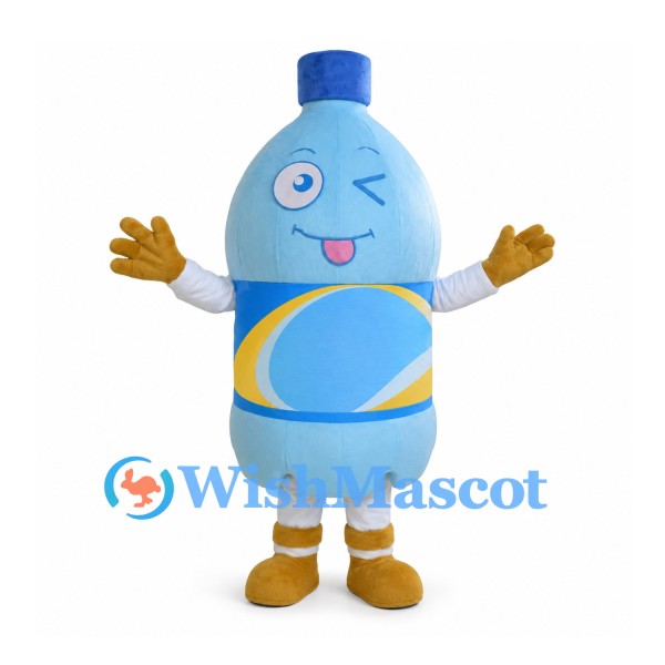 Water Bottle Mascot Costume in Light Blue with Blue Cap