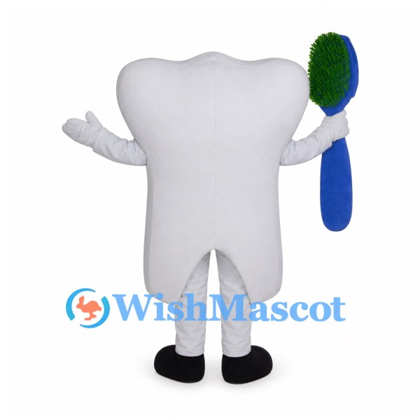 Tooth Mascot Costume with Blue and Green Toothbrush