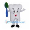 Tooth Mascot Costume with Blue and Green Toothbrush