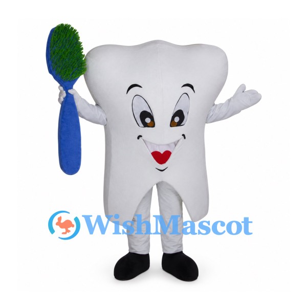 Tooth Mascot Costume with Blue and Green Toothbrush