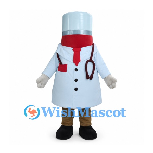 Medicine Bottle Mascot Costume with White Lab Coat and Stethoscope