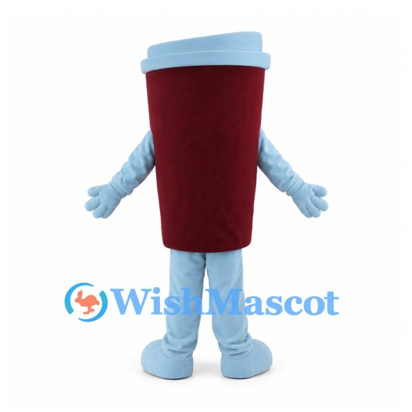 Coffee Cup Mascot Costume in Burgundy with Light Blue Lid