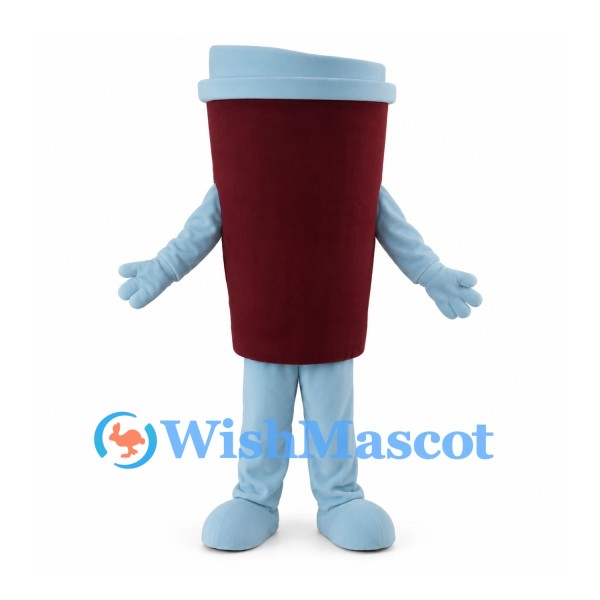 Coffee Cup Mascot Costume in Burgundy with Light Blue Lid