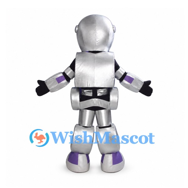 Silver Robot Mascot Costume with Purple Joint Details