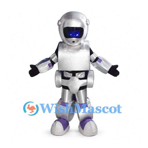 Silver Robot Mascot Costume with Purple Joint Details