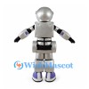 Silver Robot Mascot Costume with Black Face and Purple Joints