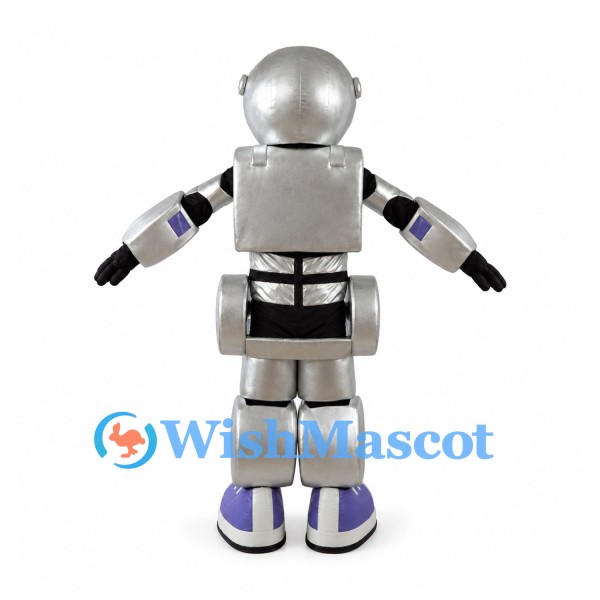Silver Robot Mascot Costume with Black Face and Purple Joints