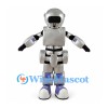 Silver Robot Mascot Costume with Black Face and Purple Joints