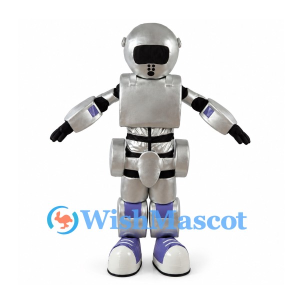 Silver Robot Mascot Costume with Black Face and Purple Joints