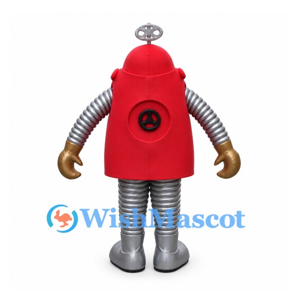 Red Robot Mascot Costume with Silver Tube Limbs and Heart Chest