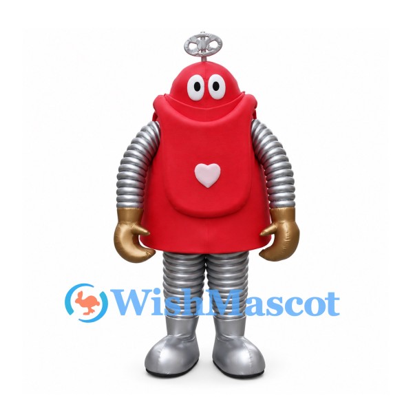 Red Robot Mascot Costume with Silver Tube Limbs and Heart Chest