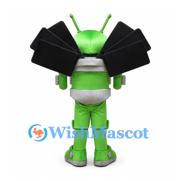 Green Robot Mascot Costume with Black Solar Panel Wings