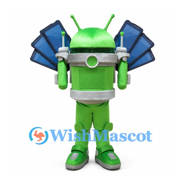 Green Robot Mascot Costume with Black Solar Panel Wings