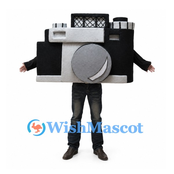 Black Camera Mascot Costume with Silver Lens