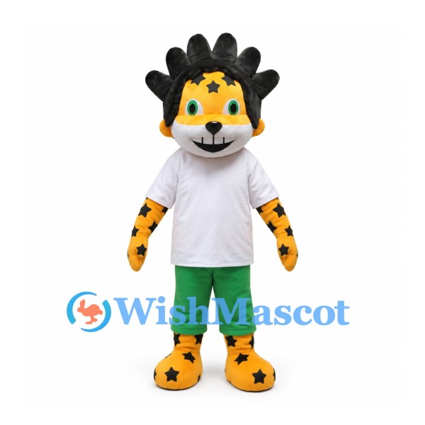 Yellow Cat Mascot Costume with Black Spiky Mane and Green Pants