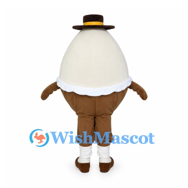 Egg Mascot Costume with Black Bowler Hat and Brown Trousers