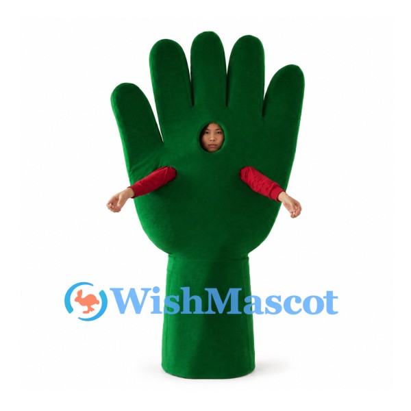 Green Hand Mascot Costume with Face Opening