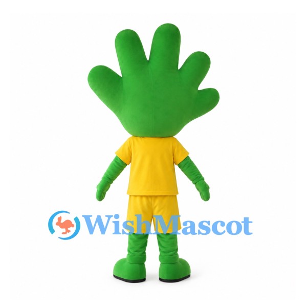 Green Hand Mascot Costume with Yellow Shirt and Shorts