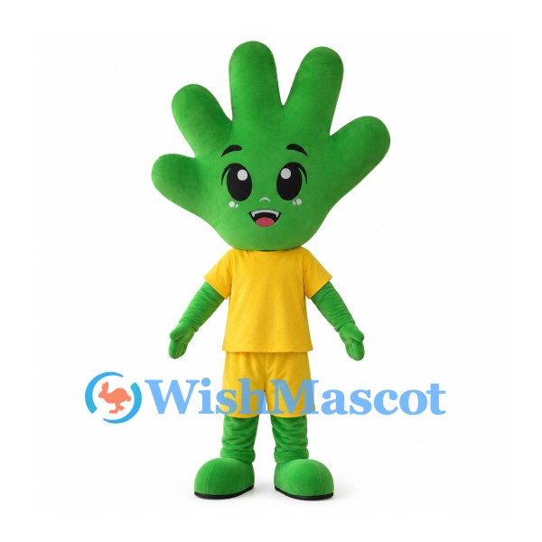 Green Hand Mascot Costume with Yellow Shirt and Shorts