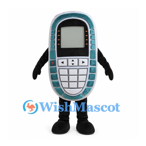 Teal Mobile Phone Mascot Costume with Gray Keypad and Black Legs