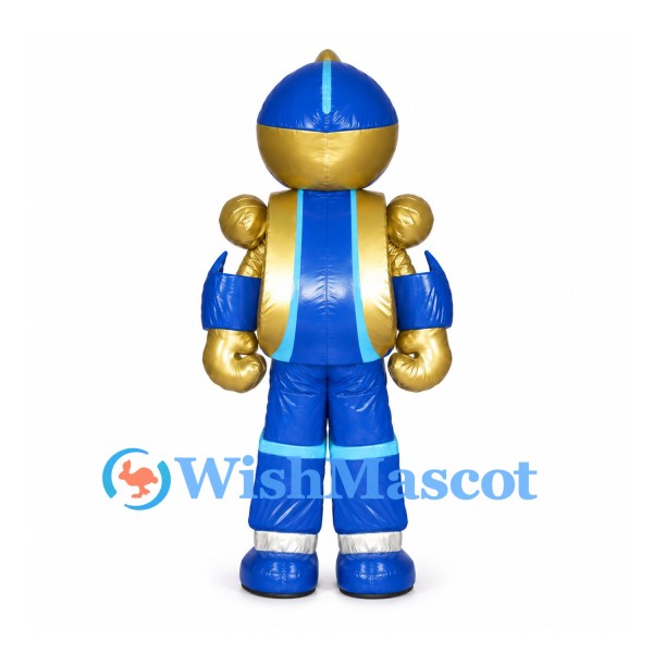 Blue Robot Mascot Costume with Gold Shoulder and Elbow Joints